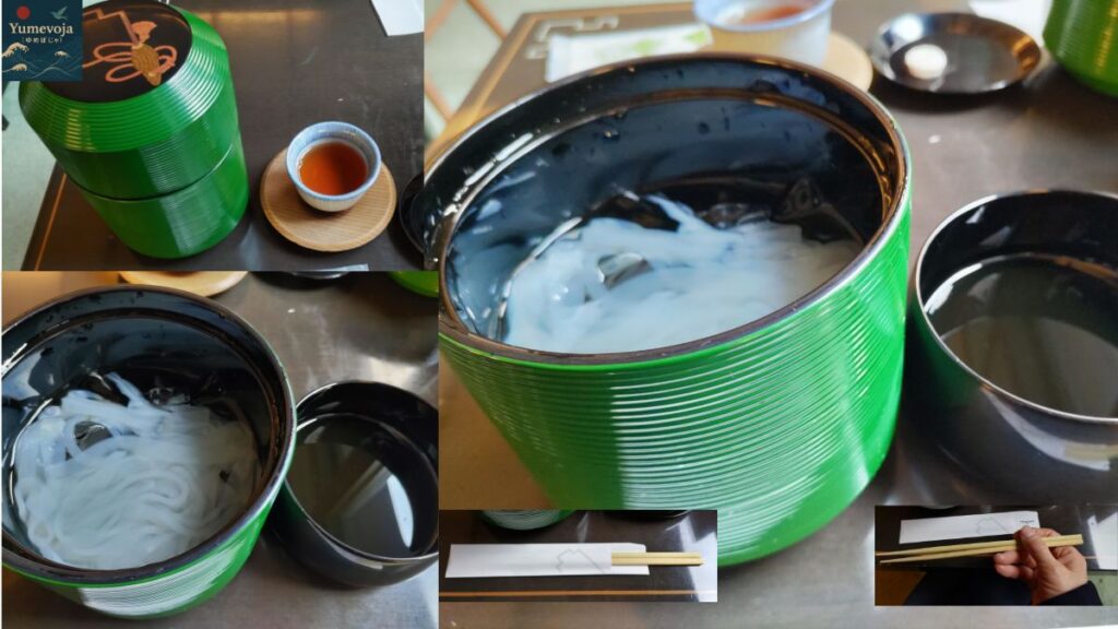 Kuzukiri dessert with special chopsticks at Kagizen Yoshifusa in Kyoto