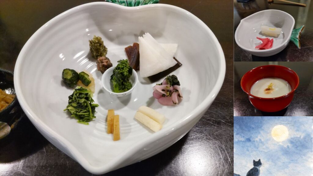 Assorted Kyoto tsukemono pickles beautifully arranged in a white heart-shaped bowl