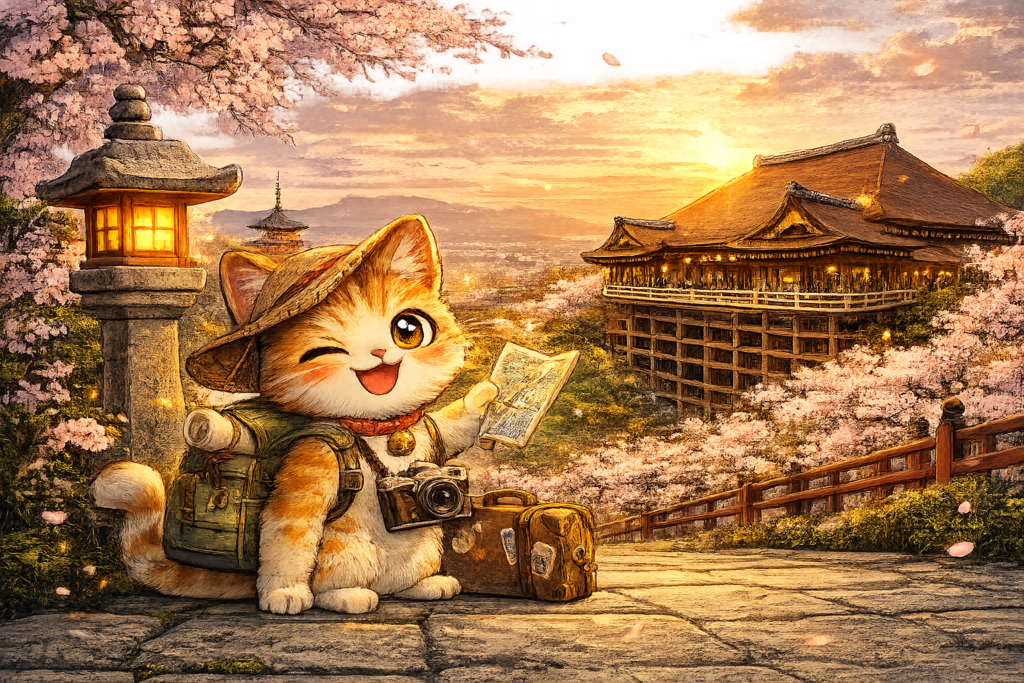 清水寺, 京都, 猫, 旅行猫, 観光猫, 日本旅行, 京都観光, 桜, 日本寺院, かわいい猫, 旅行イラスト, Japan temple cat