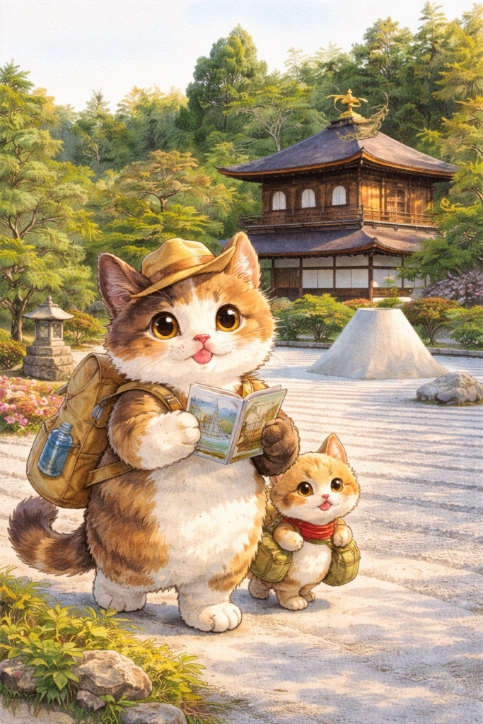 銀閣寺 猫 旅行 京都 水彩 石庭 観光 かわいい