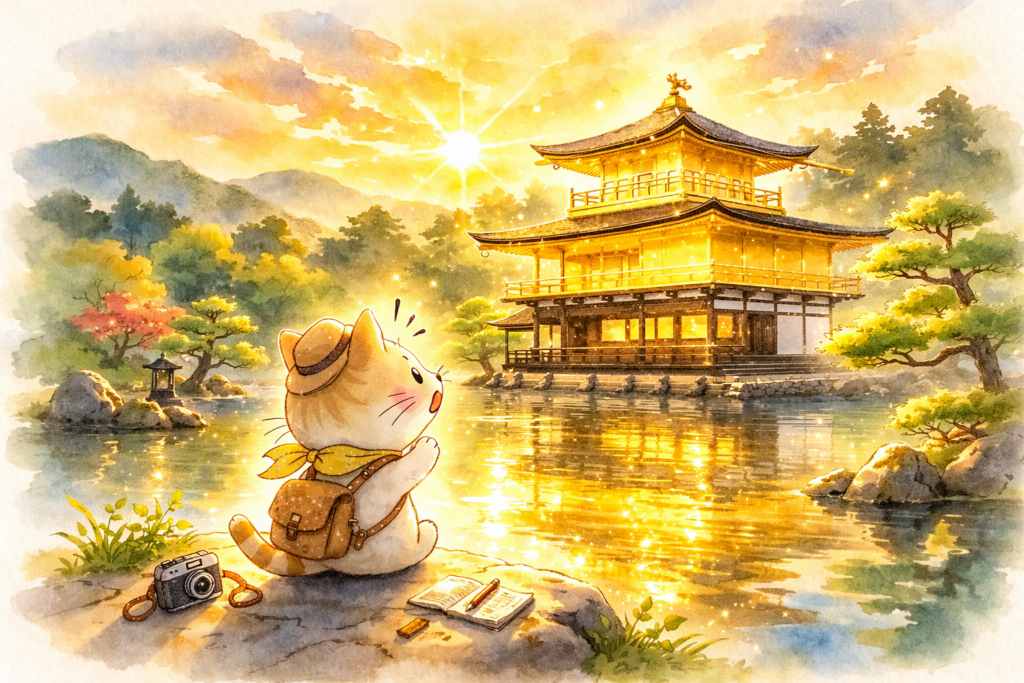 旅する猫 金閣寺 水彩 ゆるキャラ 京都 池 夕日 輝き