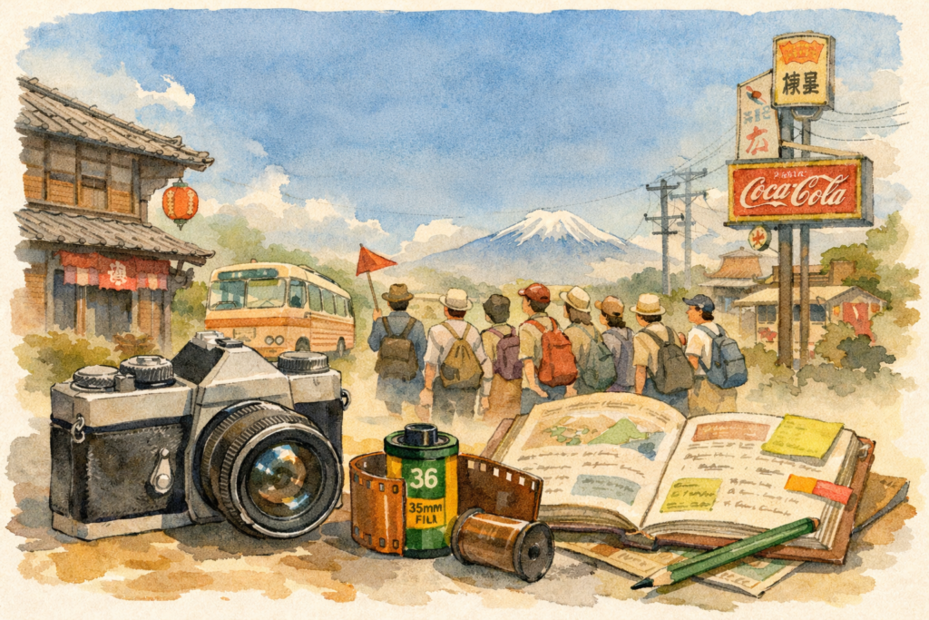 Showa era tourism group tour film camera 35mm film guidebook retro bus tour guide flag Mount Fuji watercolor illustration