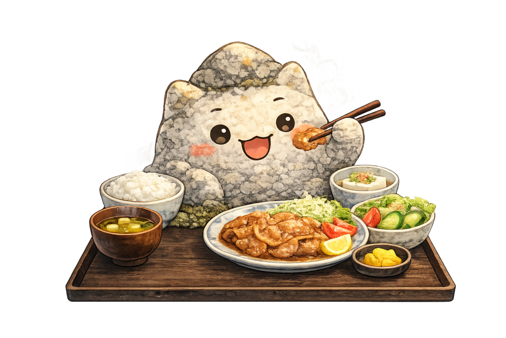 石庭, 龍安寺, 京都, 禅庭, 枯山水, 生姜焼き定食, 日本食, 石キャラクター, 京都グルメ