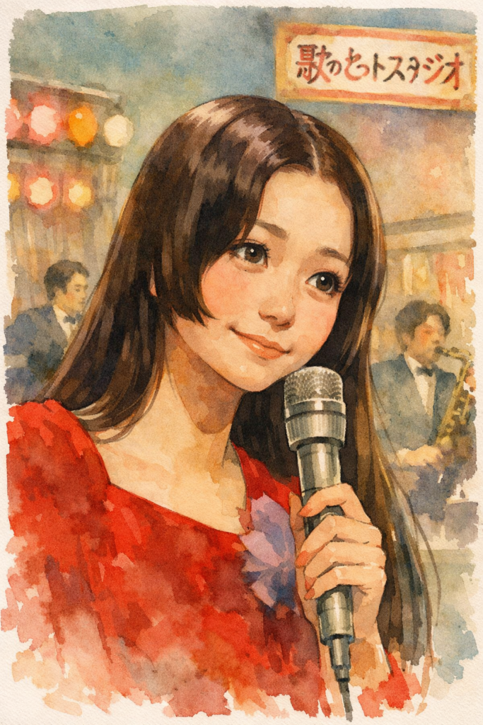 showa idol singer microphone hime cut princess haircut retro tv stage watercolor japanese vintage music