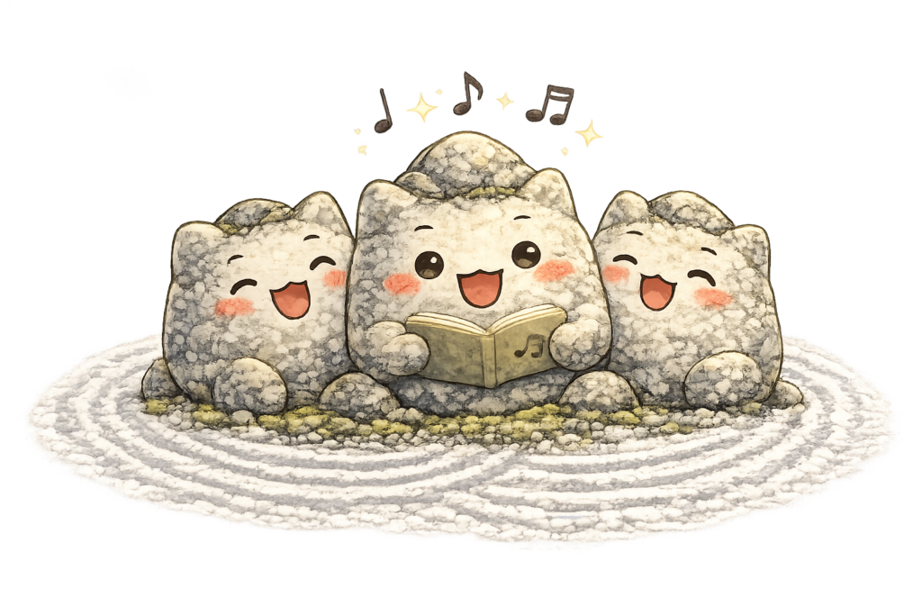 石庭, 龍安寺, 京都, 禅庭, 枯山水, 石キャラクター, 合唱する石, Zenガーデン, 日本庭園イラスト