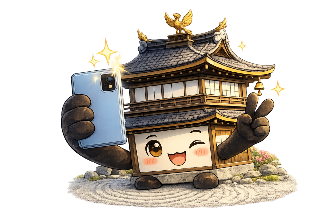 銀閣寺 ゆるキャラ 自撮り スマホ 京都 寺 かわいい