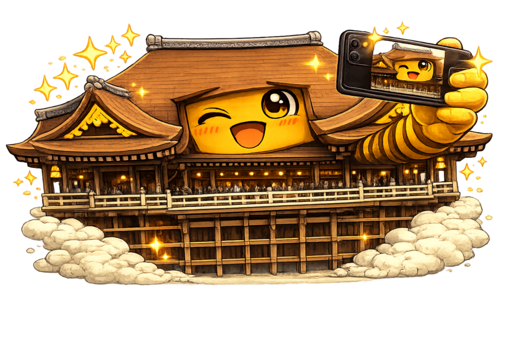 清水寺キャラクター, 自撮り, 京都寺院, 寺キャラ, スマホ自撮り, 京都観光イラスト, 日本寺院キャラクタ