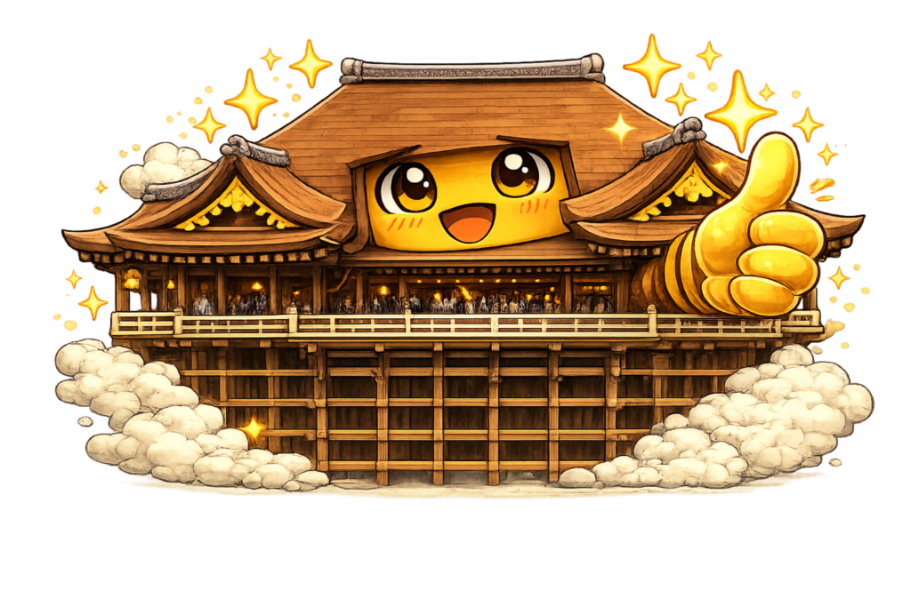 清水寺キャラ, いいねポーズ, サムズアップ, 京都寺院キャラクター, 日本寺院イラスト, 京都観光素材