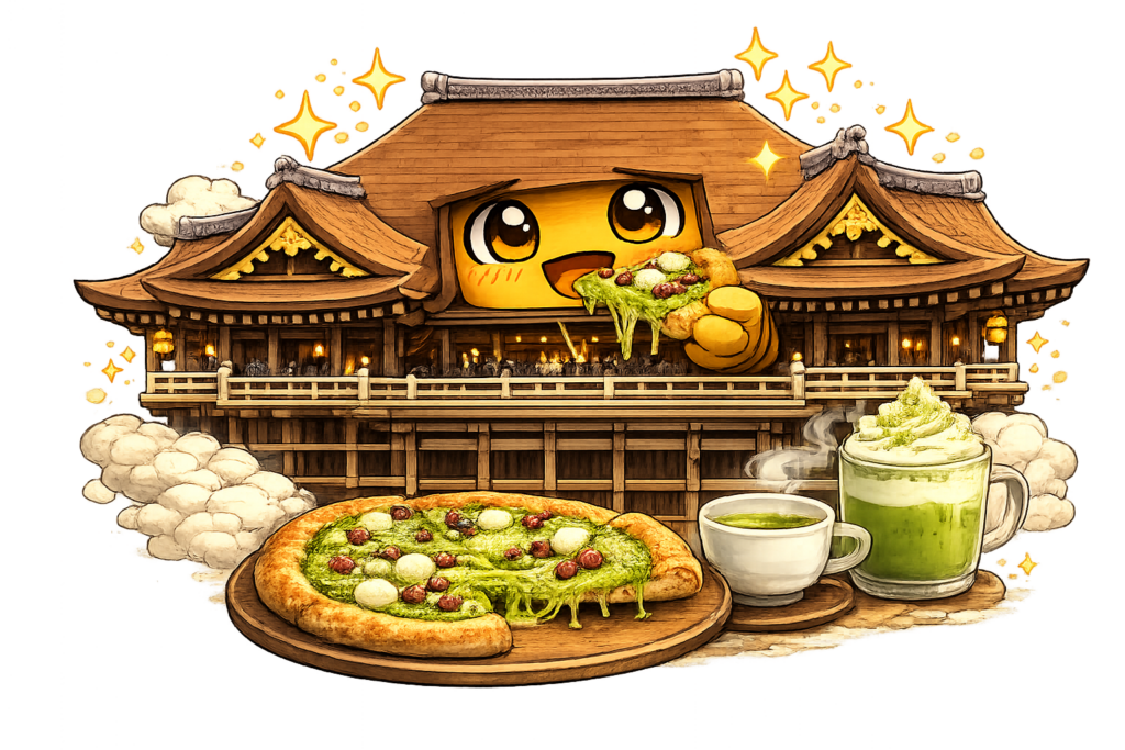 清水寺キャラ, 抹茶ピザ, 京都グルメ, 日本寺院キャラクター, 京都観光イラスト, matcha pizza temple