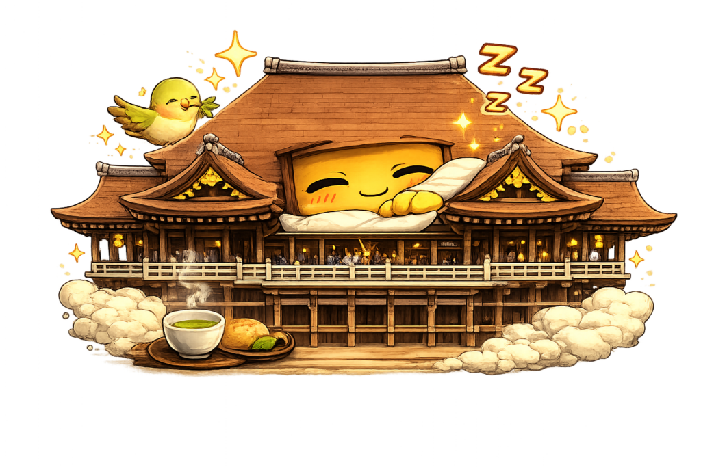 清水寺キャラ, 寝る寺, 休憩キャラクター, 京都寺院イラスト, ZZZ 寺キャラ, 日本寺院キャラクター