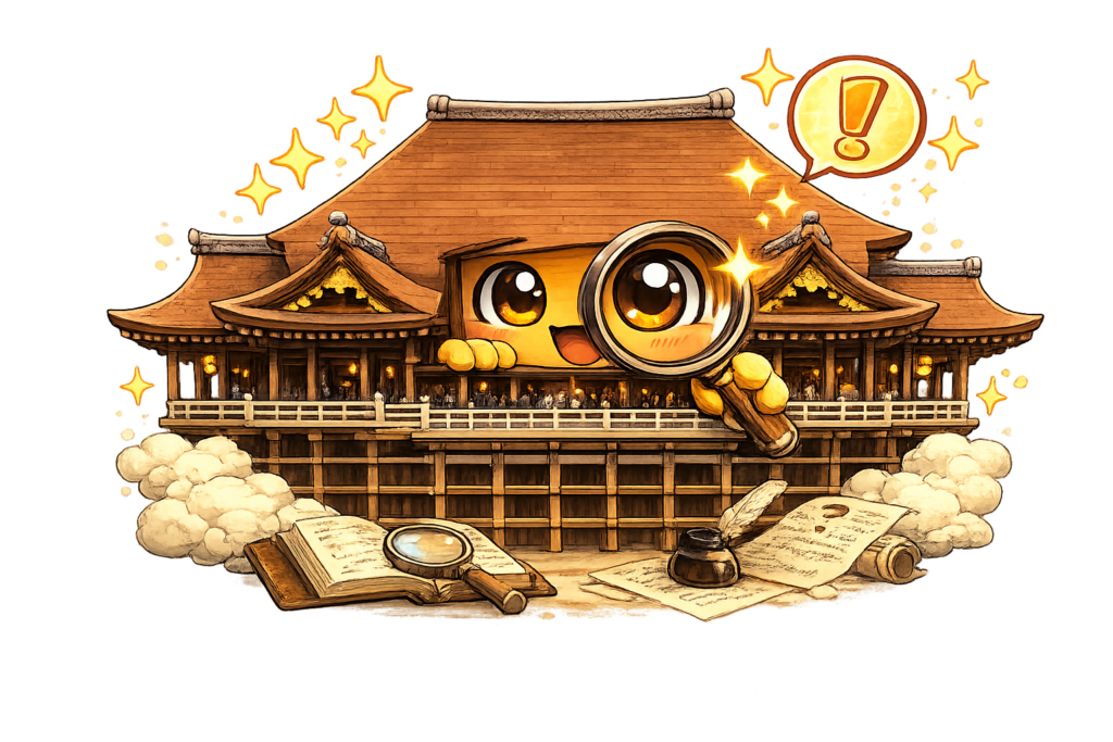 清水寺キャラ, 虫眼鏡, 調査キャラ, 京都寺院キャラクター, 調べるイラスト, 日本寺院イラスト