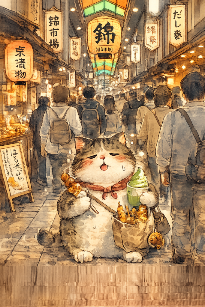 猫 錦市場 京都 食べ歩き 串焼き 抹茶 観光 混雑 日本 かわいい