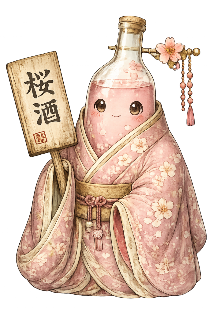 桜酒 日本酒 桜 着物 京都 和風 かわいい ボトル イラスト