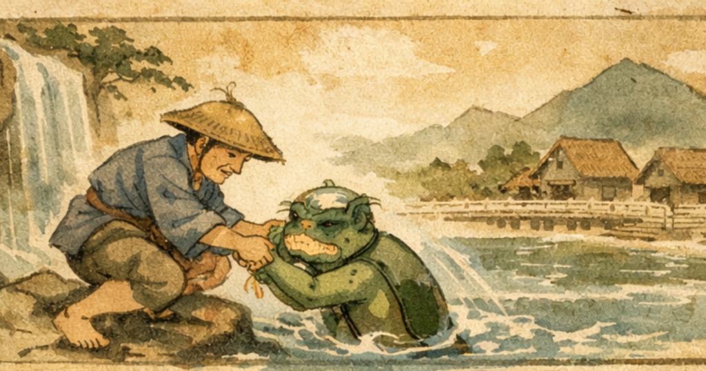 conte japonais kappa remède miracle aquarelle style emakimono rivière sauvetage homme guérison enfant malade vieil homme rétablissement cupidité perte village traditionnel illustration ancienne