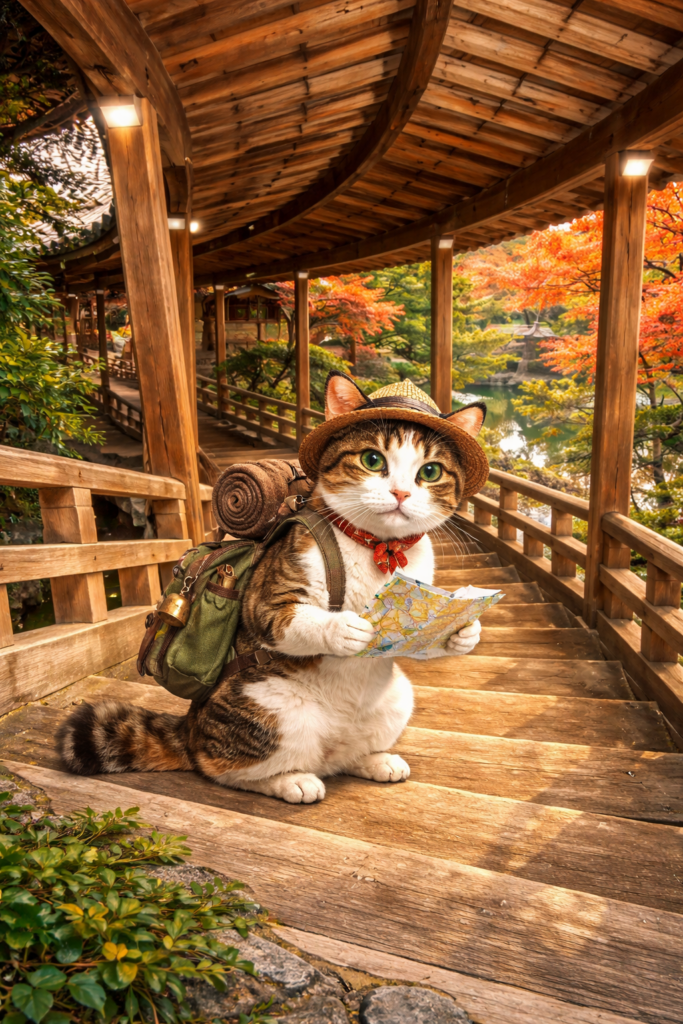 猫 旅行 京都 永観堂 紅葉 階段 バックパック イラスト