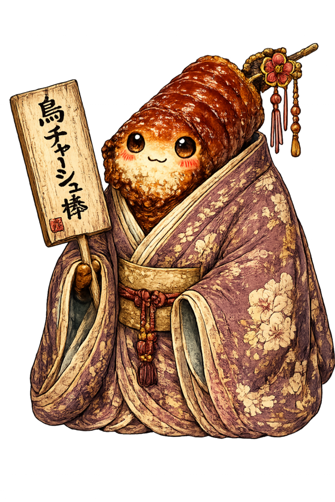 鳥チャーシュー 串 屋台 京都 食べ物 着物 和風 キャラクター かわいい