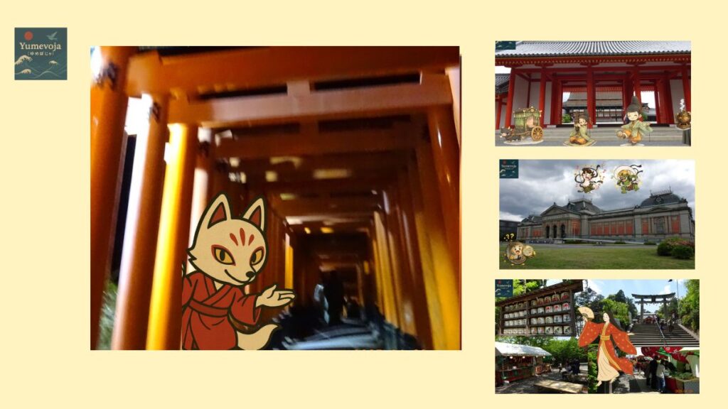 kyoto detour travel collage shrine torii fushimi inari fox character heian shrine museum japanese garden lantern path sightseeing
