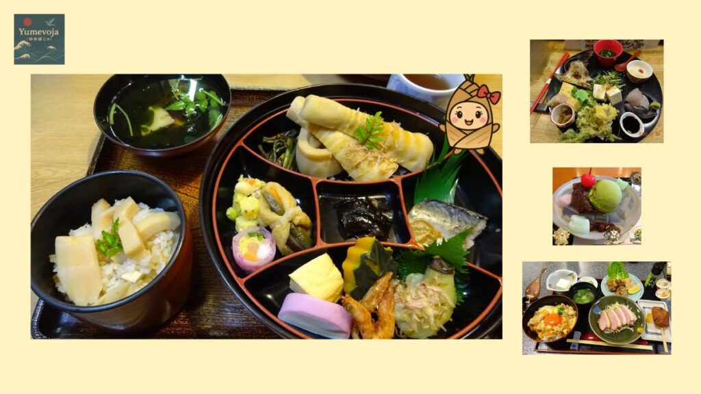 kyoto food collage japanese cuisine set meal bamboo shoot rice tempura sweets matcha dessert beauty and taste detour