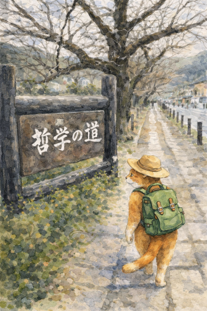 猫 旅する猫 哲学の道 京都 散歩 風景 水彩 イラスト 無料