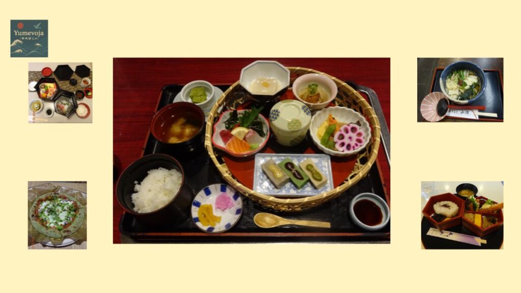 kyoto food traditional japanese cuisine collage set meal kaiseki assorted dishes sashimi chawanmushi tempura udon pizza lunch