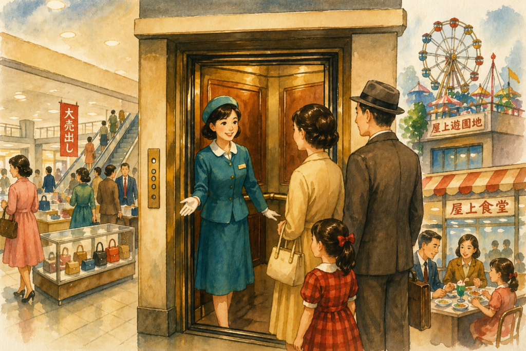 showa japan department store elevator girl family rooftop amusement park restaurant retro watercolor shopping scene