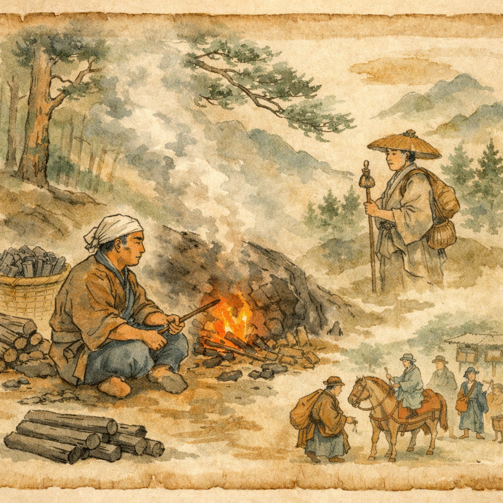 charbonnier montagne feu fumée travail artisanal Japon aquarelle rouleau peinture paysage calme moine voyageur cheval village scène traditionnelle patience artisan
