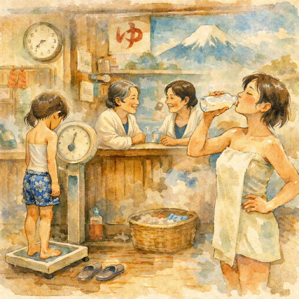 showa japan public bath sento retro bath scale child mount fuji mural women drinking water counter daily life scene