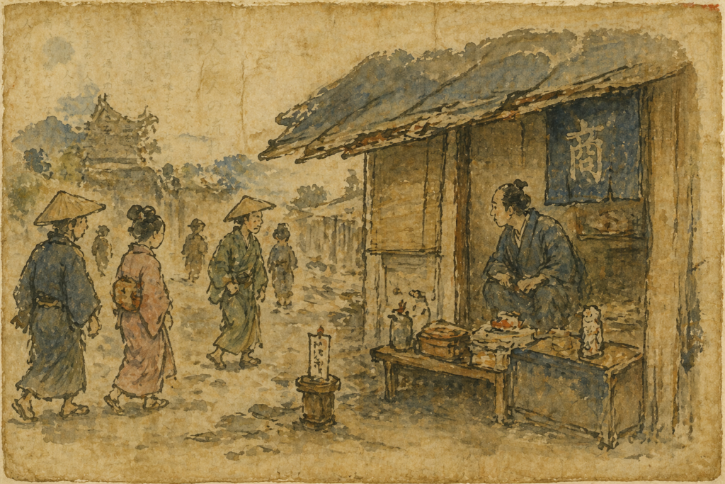 marché japonais ancien aquarelle style rouleau emakimono commerçant boutique rue traditionnelle passants kimono flux de personnes scène historique Japon peinture ancienne ambiance rétro