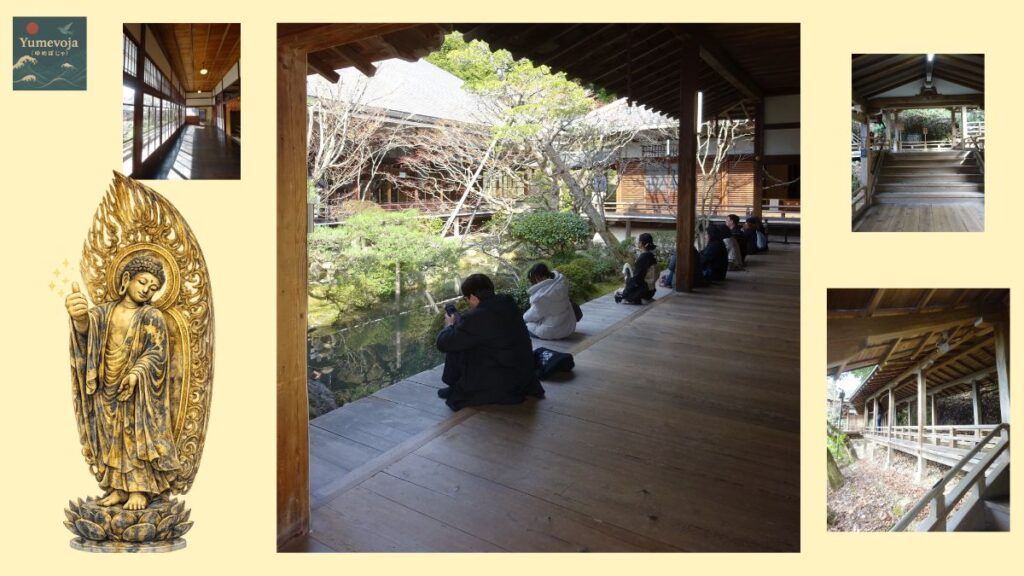 永観堂 回廊 庭 京都 東山 寺 池 木造 建築 座る人 静けさ