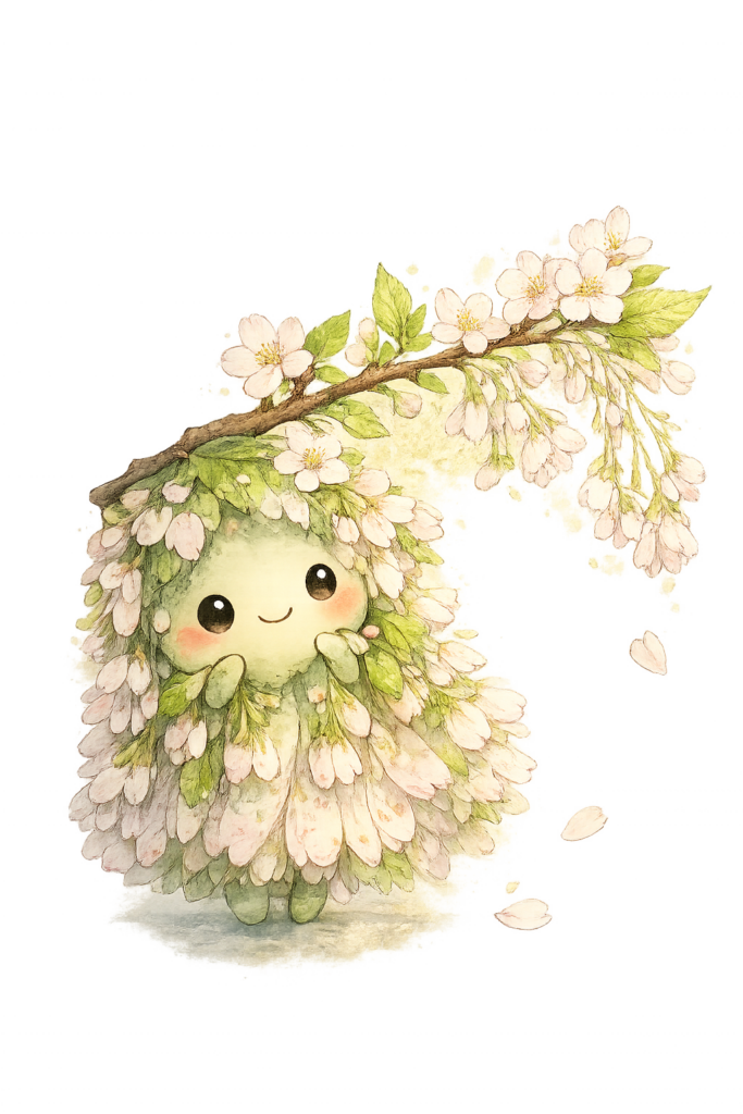 葉桜 桜 花びら 新緑 葉 キャラクター かわいい ゆるキャラ 春 水彩