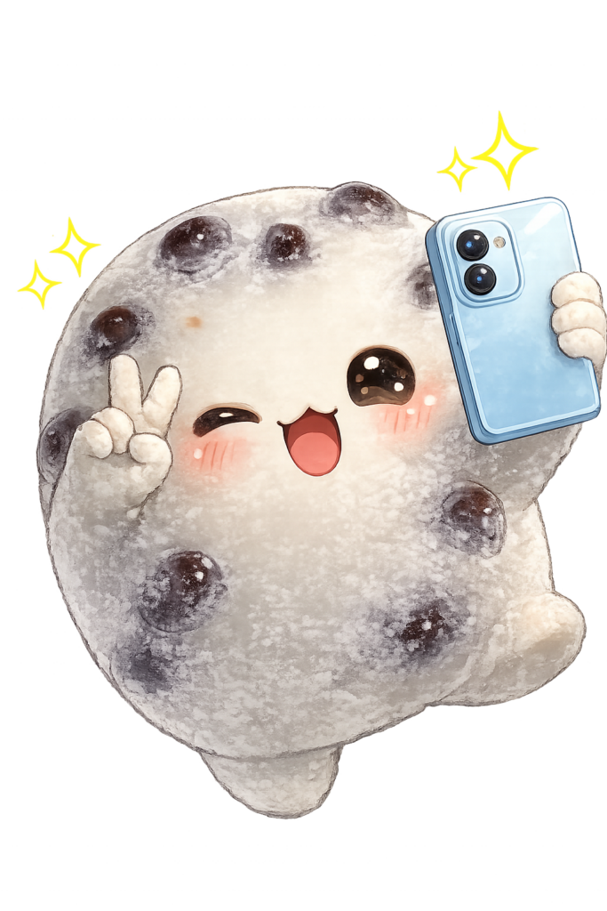 豆大福ちゃん、自撮り、和菓子キャラクター、豆大福、水彩風、かわいいイラスト、京都甘味、無料イラスト