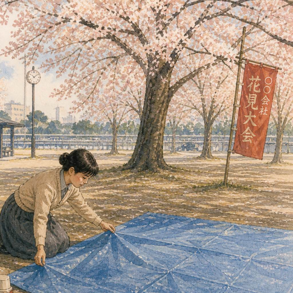 showa hanami spot reservation woman park cherry blossom watercolor retro blue tarp empty park spring japan