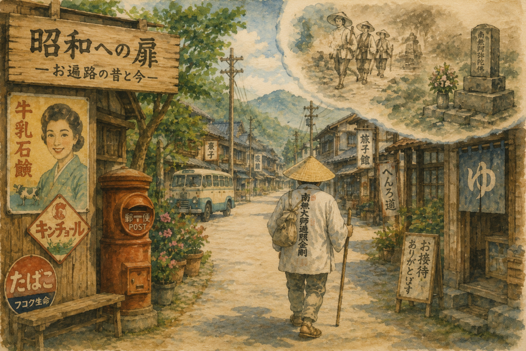 Watercolor-style illustration of a Shikoku pilgrim in traditional white robes walking through a nostalgic Showa-era Japanese town. A red postbox, vintage shop signs, and old inns evoke the atmosphere of pilgrimage travel before smartphones and modern navigation.