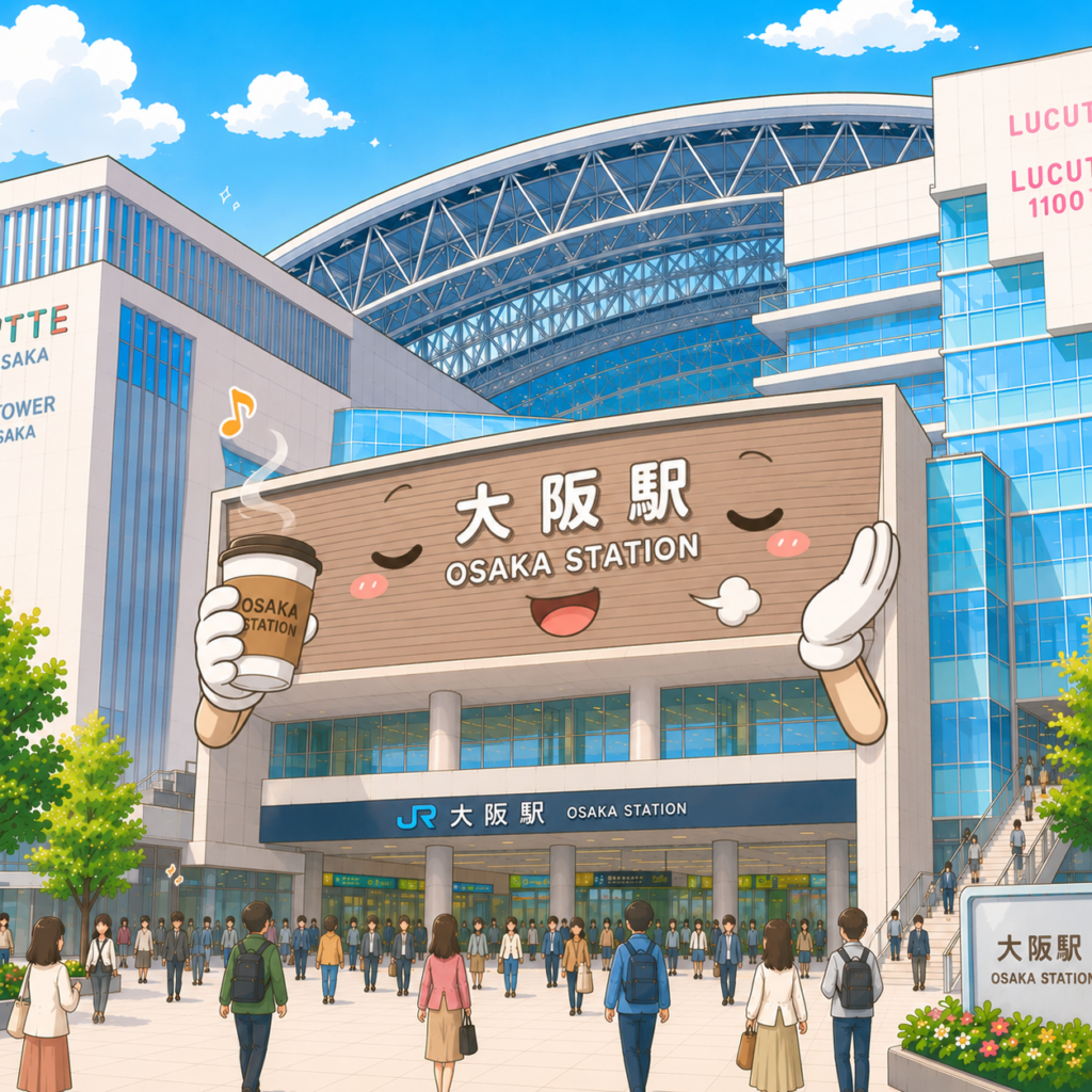 mascotte gare Osaka pause café JR Osaka Station Umeda promenade voyage illustration