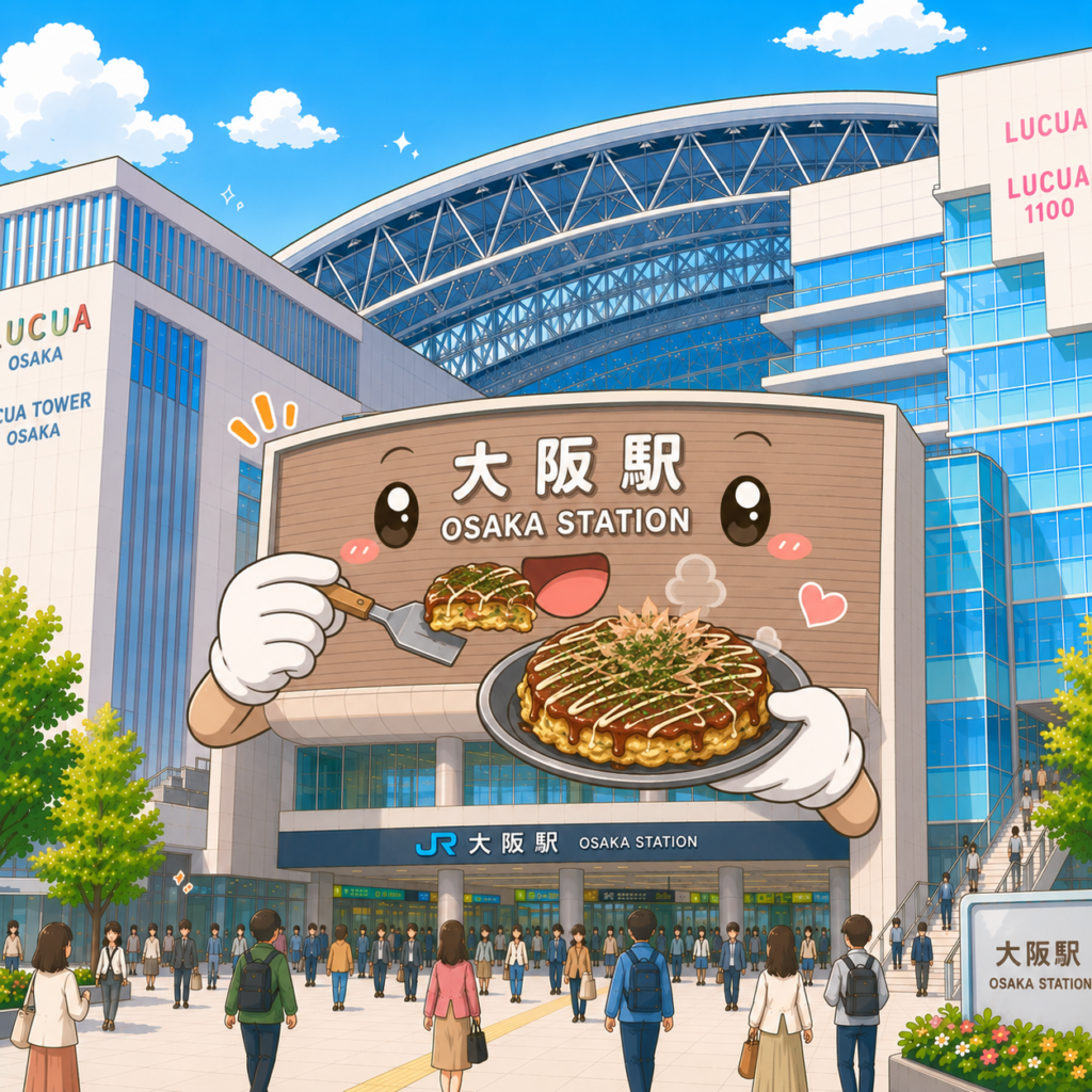 mascotte gare Osaka okonomiyaki spécialité Osaka cuisine japonaise JR Osaka Station Umeda illustration