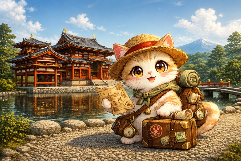 平等院鳳凰堂 猫 宇治 京都 旅する猫 和風 旅行 水彩 キャラクター