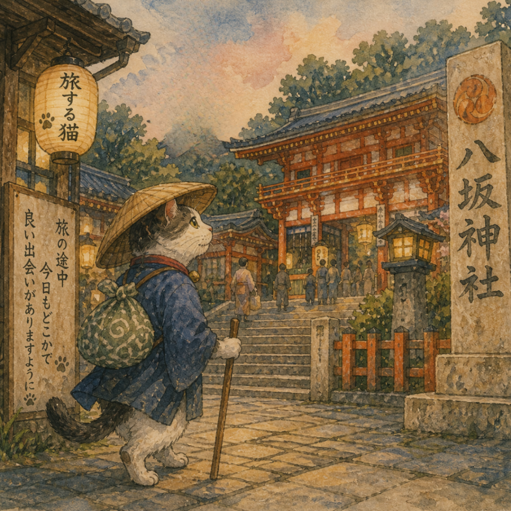 八坂神社 猫 京都 旅 神社 石段 街歩き 水彩 観光