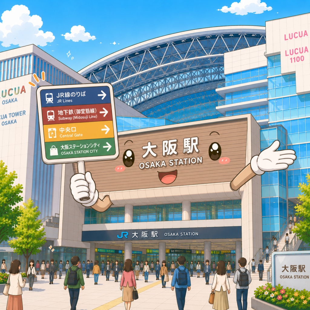 mascotte gare Osaka guide JR métro ligne Midosuji sortie centrale Osaka Station City tourisme illustration