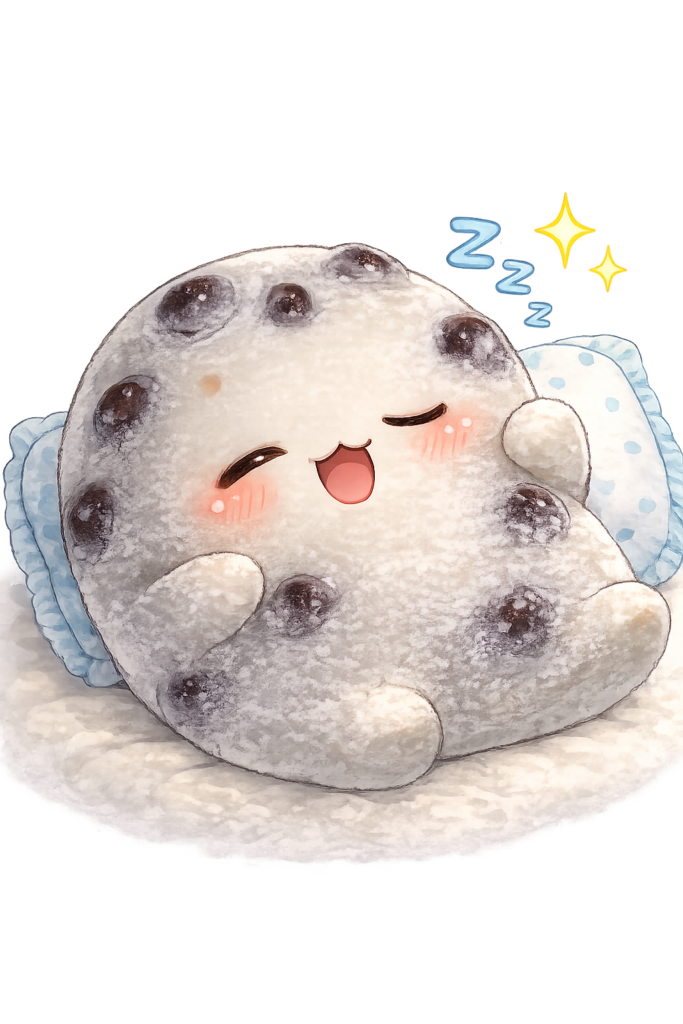 豆大福ちゃん、寝ている、休憩、おやすみ、和菓子キャラクター、水彩風、癒しイラスト、無料イラスト