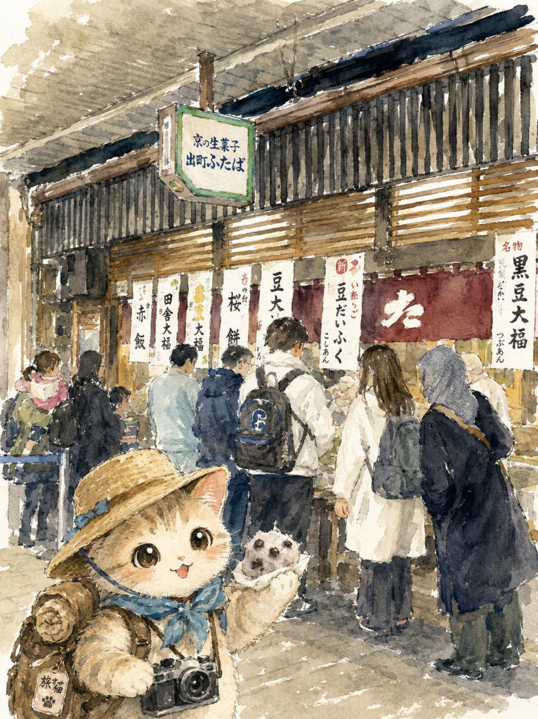 旅する猫、出町柳、豆大福、京都和菓子、出町ふたば、京都散歩、水彩風、京都旅行、甘味、回復編