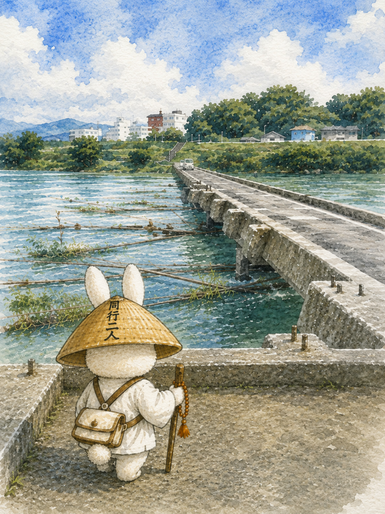 川島橋を見つめながら旅を続けるお遍路ウサギの水彩風イラスト。白装束と菅笠を身につけ、四国遍路の道を歩く後ろ姿を描いている。