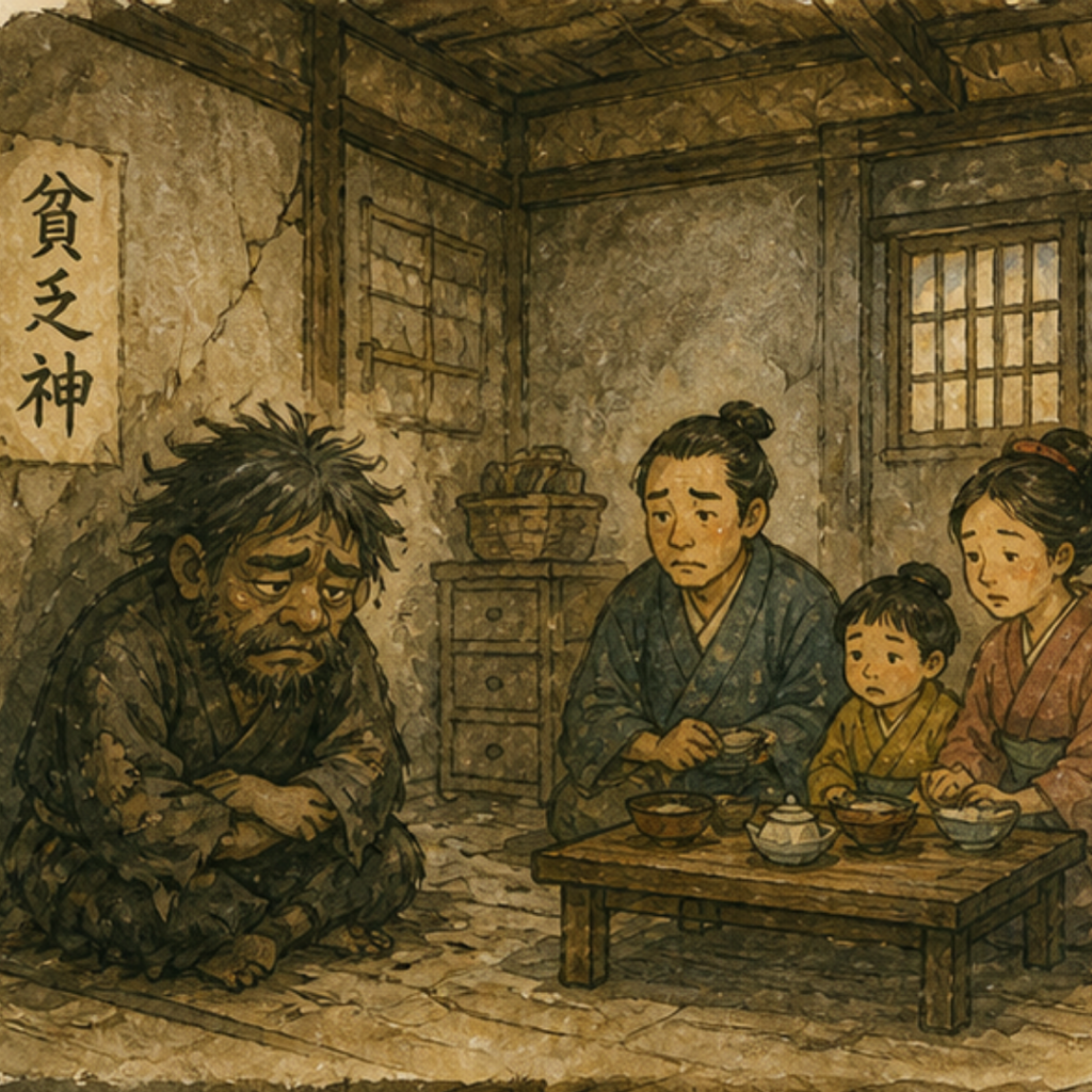 conte japonais dieu pauvreté dieu fortune famille maison ancienne aquarelle style ancien folklore japonais intérieur maison pauvre esprit chassé dieu richesse repas famille nostalgie ambiance rétro japonais