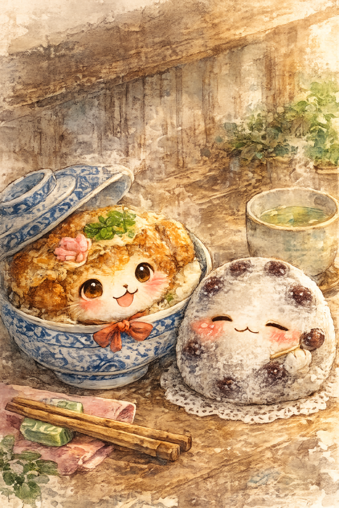 かつ重ちゃん、豆大福ちゃん、とんかつ、京都グルメ、水彩風、和食キャラクター、癒しイラスト、京都回復編
