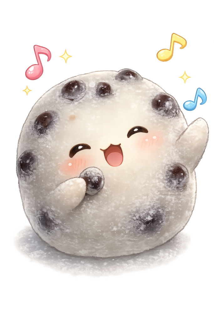 豆大福ちゃん、歌う、音符、和菓子キャラクター、水彩風、かわいい、京都甘味、無料イラスト