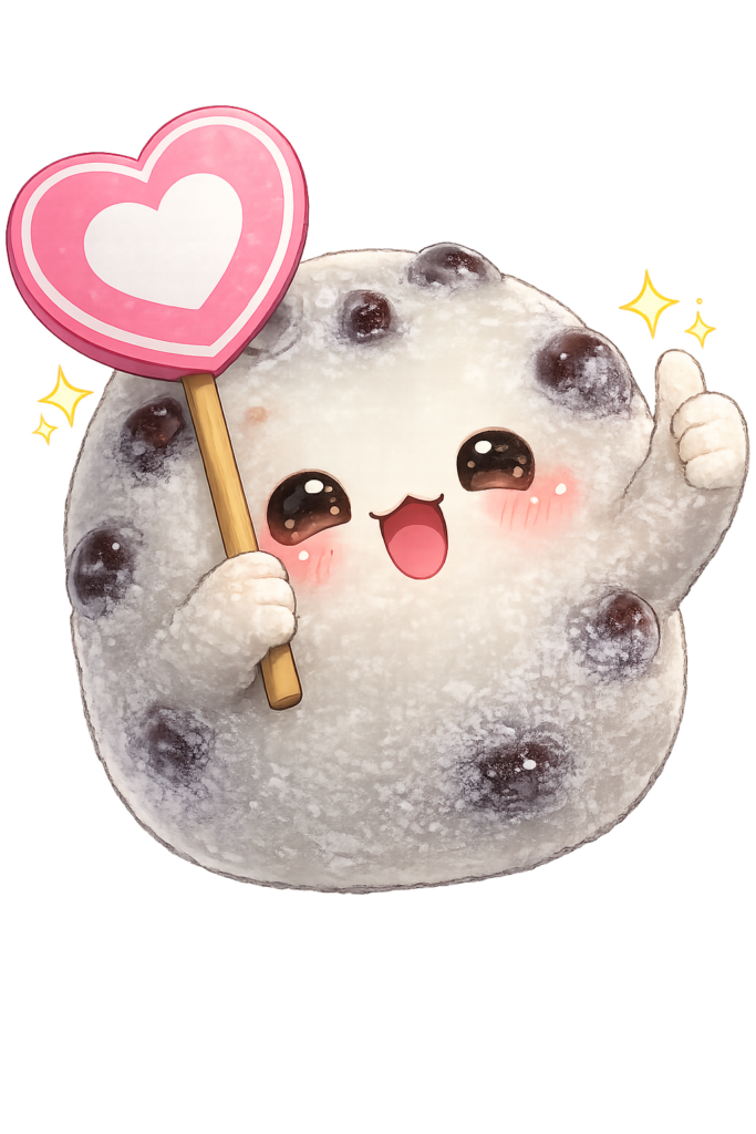 豆大福ちゃん、ハート、いいねポーズ、応援、和菓子キャラクター、水彩風、かわいいイラスト、無料素材