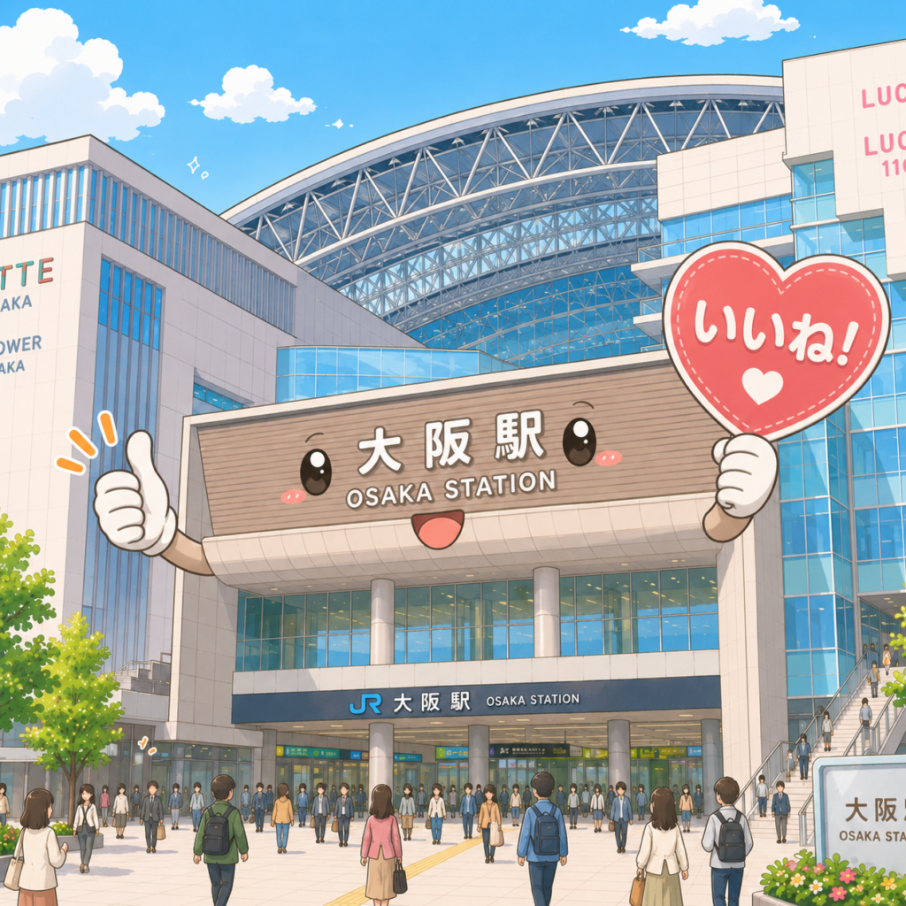 mascotte gare Osaka pouce levé JR Osaka Station Osaka Station City Umeda tourisme gare illustration