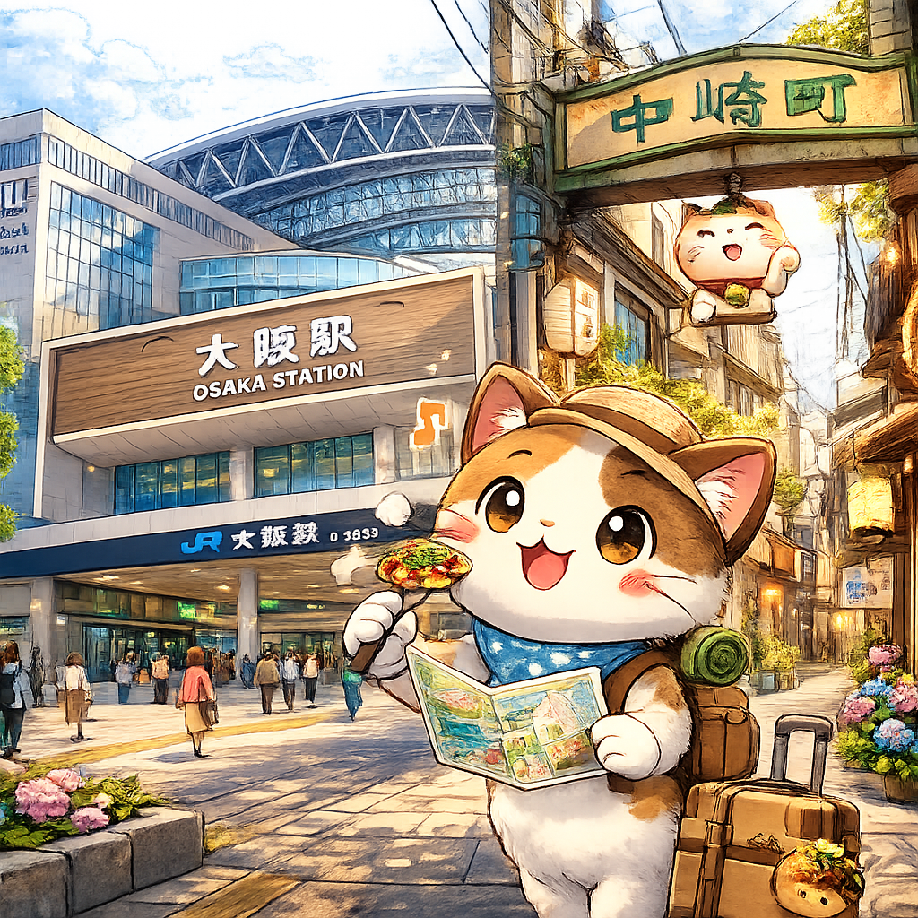 chat voyageur gare Osaka Nakazakicho ruelles rétro okonomiyaki tourisme Osaka promenade illustration