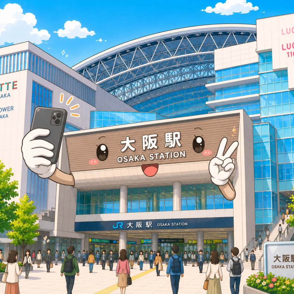 mascotte gare Osaka selfie photo souvenir JR Osaka Station Umeda tourisme illustration