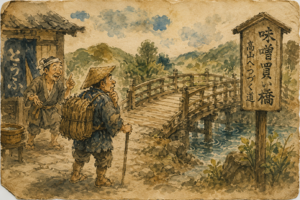 Illustration en aquarelle d’un ancien conte japonais, Le Pont aux achats de miso. Un charbonnier portant un fagot sur le dos se tient près d’un pont en bois dans un paysage rural. À ses côtés, un marchand de tofu lui parle avec animation. La scène est peinte dans un style aquarelle rustique aux couleurs sépia, évoquant les légendes et les voyages du Japon d’autrefois.