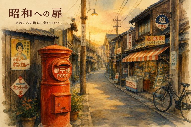 Showa era Japan, retro Japanese shopping street, red postbox, nostalgic townscape, traditional candy shop, vintage signs, old Japan atmosphere, Japanese retro culture, watercolor illustration, nostalgic Japan